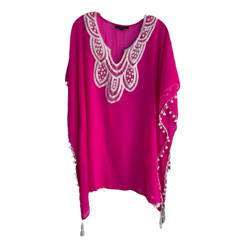 CLUB Z COLLECTION Hot Pink Sheer Kaftan/Swim Cover Up w/ Poms --Flaw - Picture 2 of 12